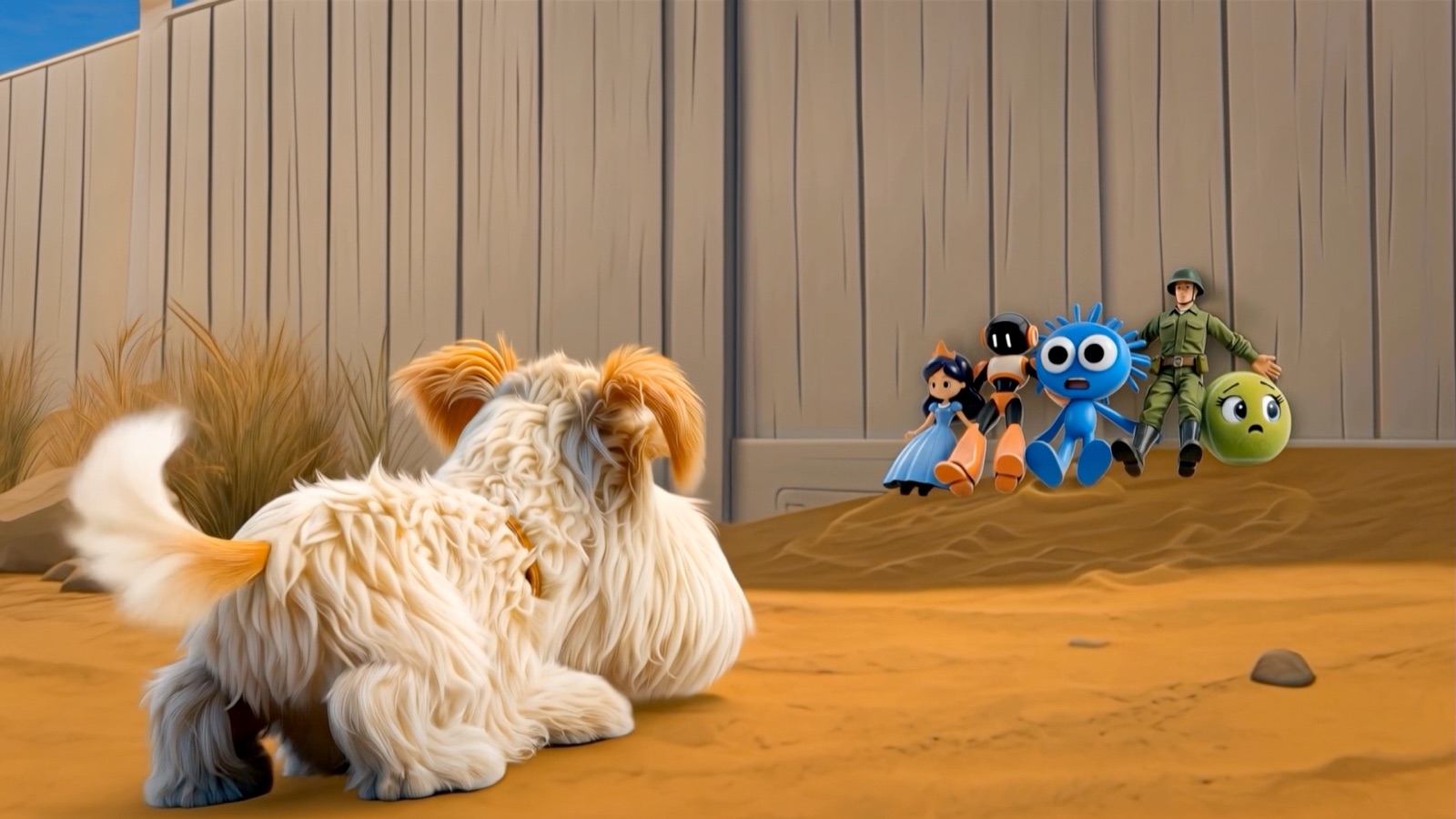 The toy ensemble faces a large white dog in the backyard.