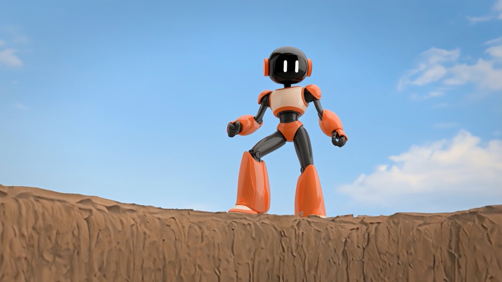 The orange robot stands at the edge of a backyard ledge.