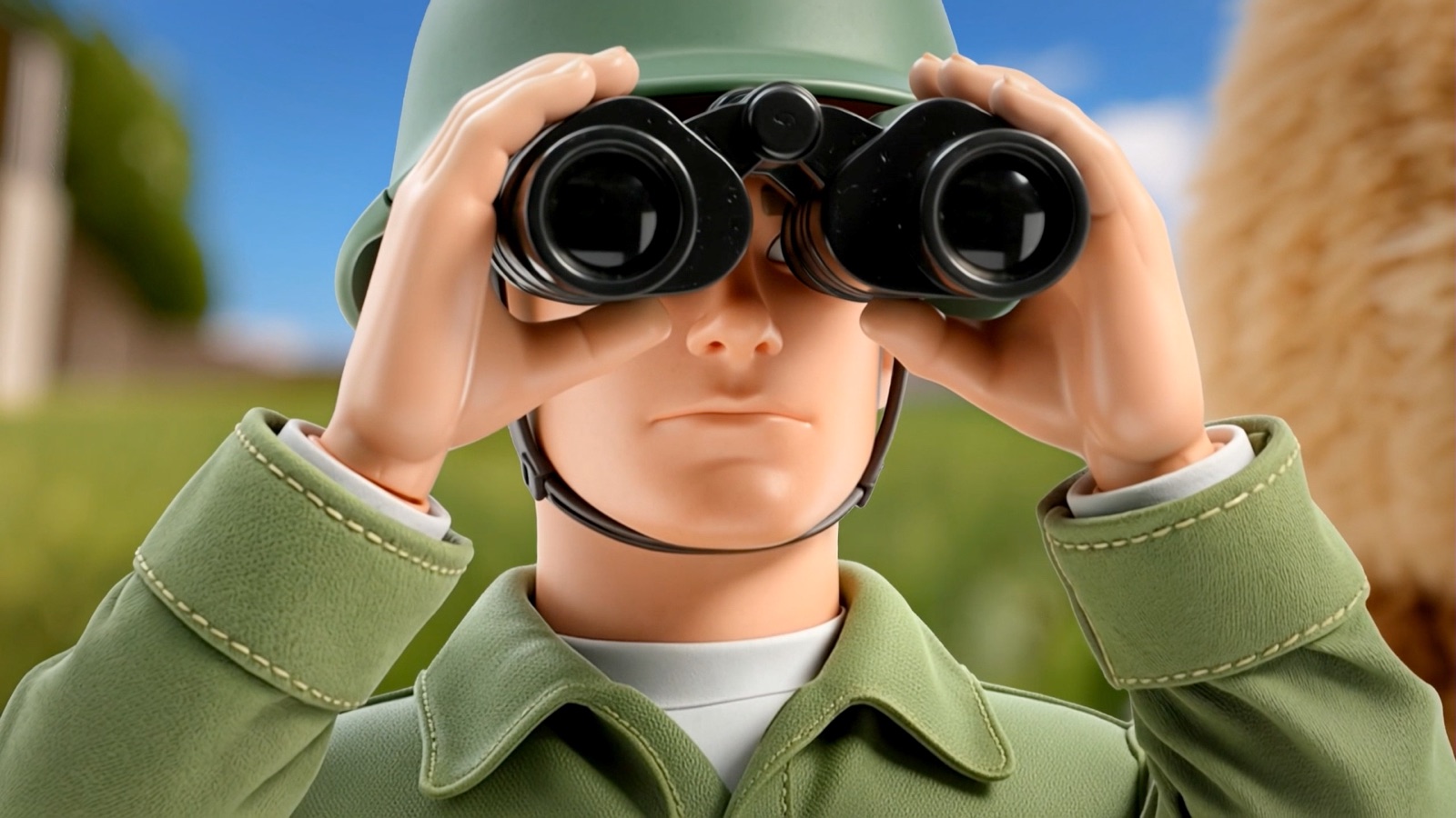 A toy soldier surveys the backyard through binoculars.